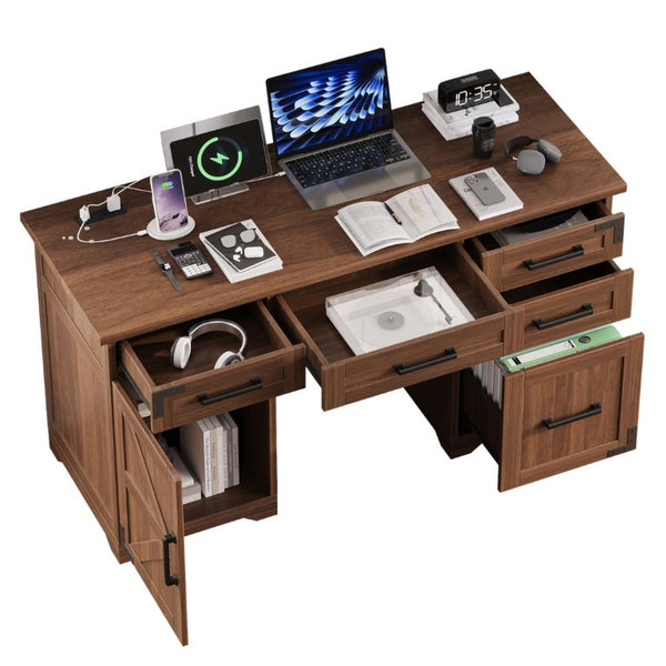 English Elm 55 Inch Farmhouse Executive Desk with Built-In Charging Station Five Drawers and Barn Cabinet Walnut N733P458434D
