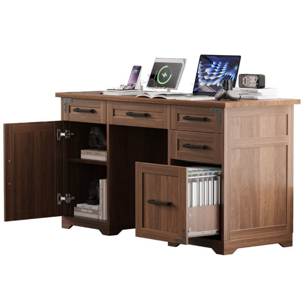 English Elm 55 Inch Farmhouse Executive Desk with Built-In Charging Station Five Drawers and Barn Cabinet Walnut N733P458434D