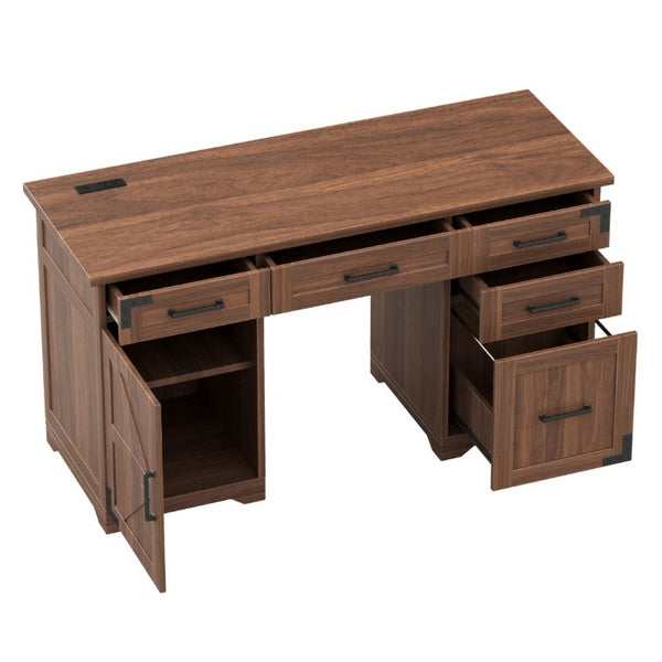English Elm 55 Inch Farmhouse Executive Desk with Built-In Charging Station Five Drawers and Barn Cabinet Walnut N733P458434D