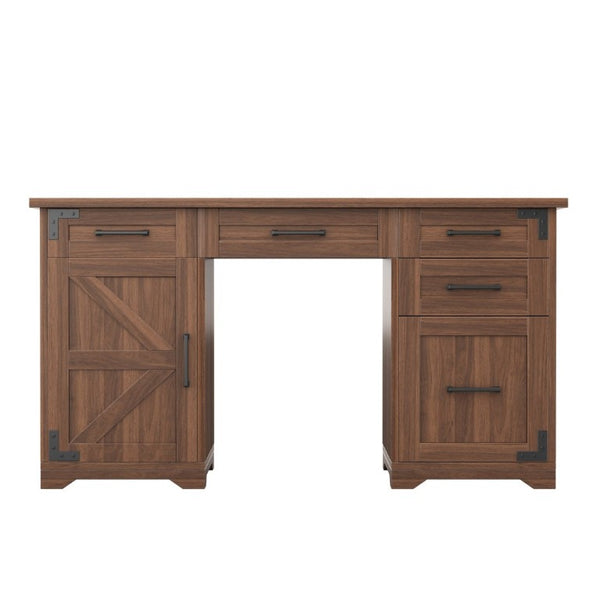 English Elm 55 Inch Farmhouse Executive Desk with Built-In Charging Station Five Drawers and Barn Cabinet Walnut N733P458434D