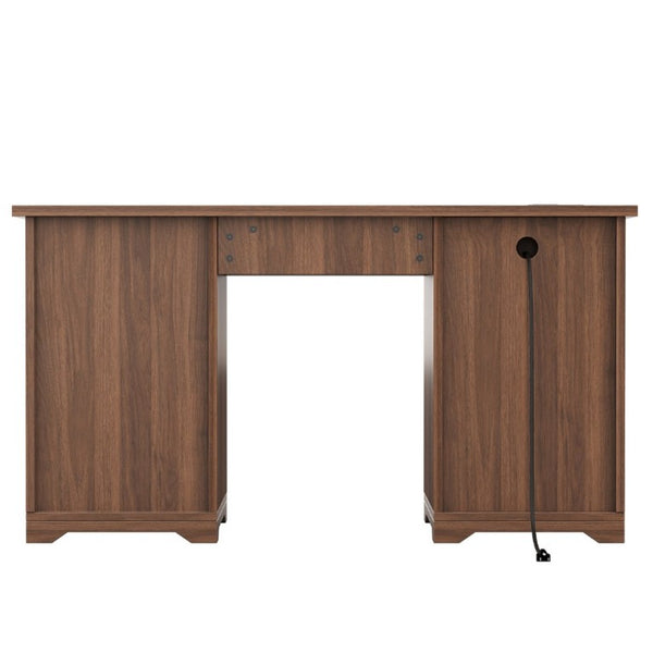 English Elm 55 Inch Farmhouse Executive Desk with Built-In Charging Station Five Drawers and Barn Cabinet Walnut N733P458434D