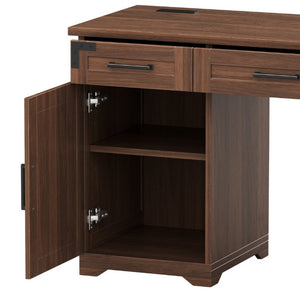 English Elm 55 Inch Farmhouse Executive Desk with Built-In Charging Station Five Drawers and Barn Cabinet Walnut N733P458434D