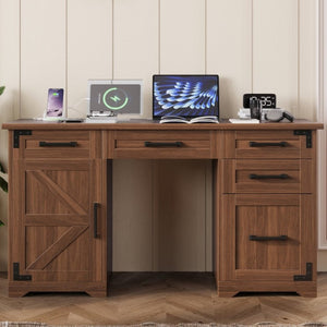 English Elm 55 Inch Farmhouse Executive Desk with Built-In Charging Station Five Drawers and Barn Cabinet Walnut N733P458434D
