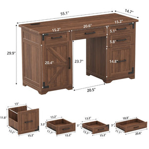 English Elm 55 Inch Farmhouse Executive Desk with Built-In Charging Station Five Drawers and Barn Cabinet Walnut N733P458434D