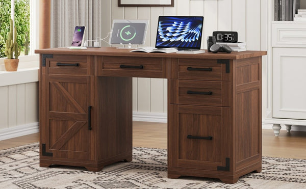 English Elm 55 Inch Farmhouse Executive Desk with Built-In Charging Station Five Drawers and Barn Cabinet Walnut N733P458434D