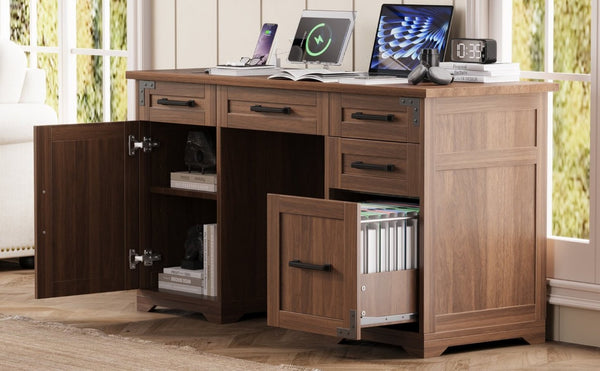 English Elm 55 Inch Farmhouse Executive Desk with Built-In Charging Station Five Drawers and Barn Cabinet Walnut N733P458434D