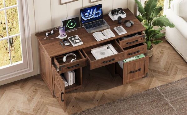 English Elm 55 Inch Farmhouse Executive Desk with Built-In Charging Station Five Drawers and Barn Cabinet Walnut N733P458434D