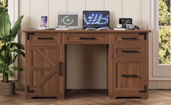 English Elm 55 Inch Farmhouse Executive Desk with Built-In Charging Station Five Drawers and Barn Cabinet Walnut N733P458434D