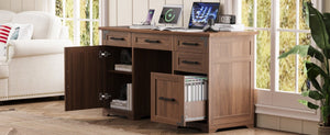 English Elm 55 Inch Farmhouse Executive Desk with Built-In Charging Station Five Drawers and Barn Cabinet Walnut N733P458434D