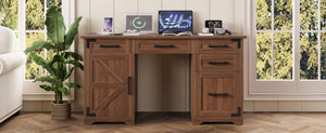 English Elm 55 Inch Farmhouse Executive Desk with Built-In Charging Station Five Drawers and Barn Cabinet Walnut N733P458434D