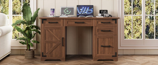 English Elm 55 Inch Farmhouse Executive Desk with Built-In Charging Station Five Drawers and Barn Cabinet Walnut N733P458434D