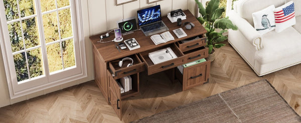 English Elm 55 Inch Farmhouse Executive Desk with Built-In Charging Station Five Drawers and Barn Cabinet Walnut N733P458434D