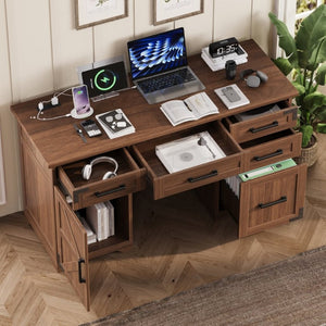 English Elm 55 Inch Farmhouse Executive Desk with Built-In Charging Station Five Drawers and Barn Cabinet Walnut N733P458434D