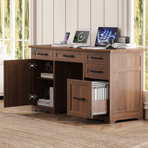 English Elm 55 Inch Farmhouse Executive Desk with Built-In Charging Station Five Drawers and Barn Cabinet Walnut N733P458434D