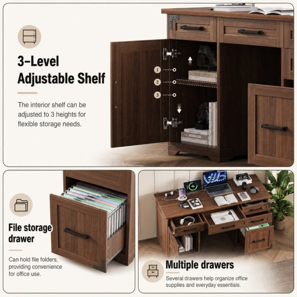 English Elm 55 Inch Farmhouse Executive Desk with Built-In Charging Station Five Drawers and Barn Cabinet Walnut N733P458434D