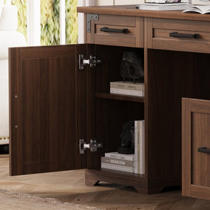 English Elm 55 Inch Farmhouse Executive Desk with Built-In Charging Station Five Drawers and Barn Cabinet Walnut N733P458434D