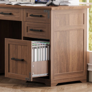 English Elm 55 Inch Farmhouse Executive Desk with Built-In Charging Station Five Drawers and Barn Cabinet Walnut N733P458434D