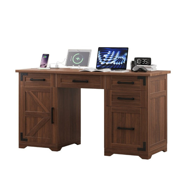 English Elm 55 Inch Farmhouse Executive Desk with Built-In Charging Station Five Drawers and Barn Cabinet Walnut N733P458434D