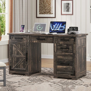English Elm 55 Inch Farmhouse Executive Desk with Built-In Charging Station Five Drawers and Barn Cabinet Gray N733P458434G