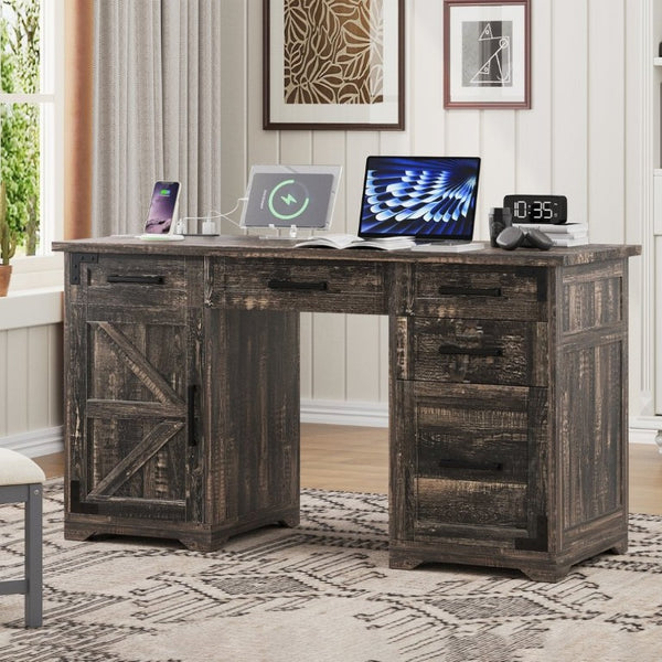 English Elm 55 Inch Farmhouse Executive Desk with Built-In Charging Station Five Drawers and Barn Cabinet Gray N733P458434G