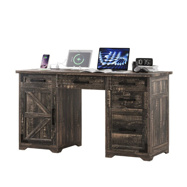 English Elm 55 Inch Farmhouse Executive Desk with Built-In Charging Station Five Drawers and Barn Cabinet Gray N733P458434G
