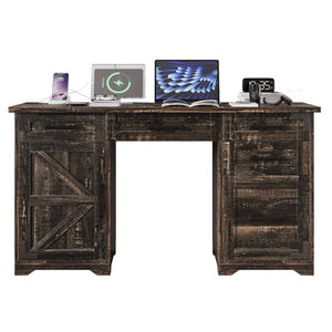 English Elm 55 Inch Farmhouse Executive Desk with Built-In Charging Station Five Drawers and Barn Cabinet Gray N733P458434G