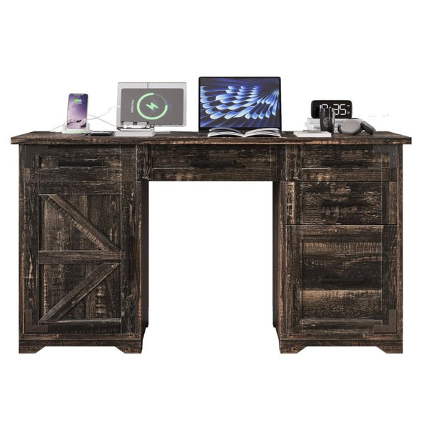 English Elm 55 Inch Farmhouse Executive Desk with Built-In Charging Station Five Drawers and Barn Cabinet Gray N733P458434G