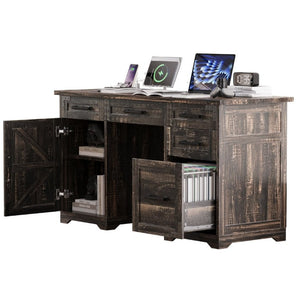 English Elm 55 Inch Farmhouse Executive Desk with Built-In Charging Station Five Drawers and Barn Cabinet Gray N733P458434G