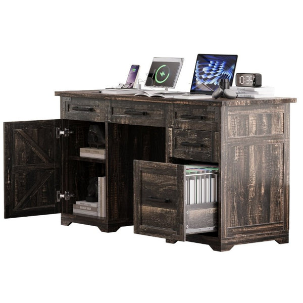 English Elm 55 Inch Farmhouse Executive Desk with Built-In Charging Station Five Drawers and Barn Cabinet Gray N733P458434G