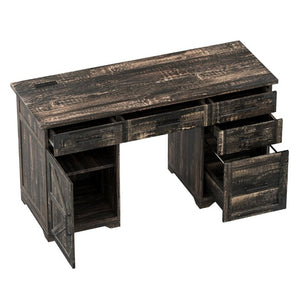 English Elm 55 Inch Farmhouse Executive Desk with Built-In Charging Station Five Drawers and Barn Cabinet Gray N733P458434G