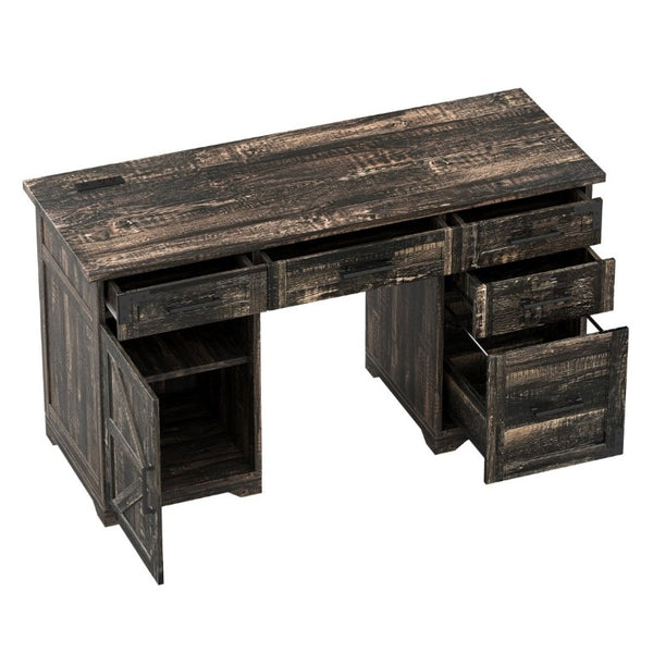 English Elm 55 Inch Farmhouse Executive Desk with Built-In Charging Station Five Drawers and Barn Cabinet Gray N733P458434G
