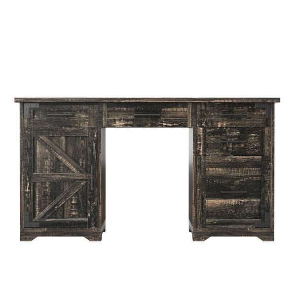 English Elm 55 Inch Farmhouse Executive Desk with Built-In Charging Station Five Drawers and Barn Cabinet Gray N733P458434G
