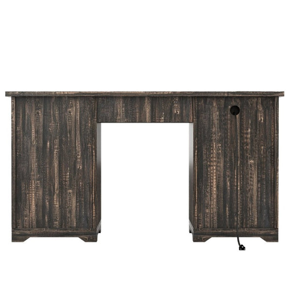 English Elm 55 Inch Farmhouse Executive Desk with Built-In Charging Station Five Drawers and Barn Cabinet Gray N733P458434G