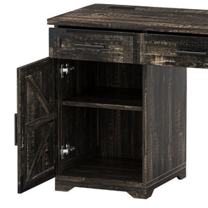 English Elm 55 Inch Farmhouse Executive Desk with Built-In Charging Station Five Drawers and Barn Cabinet Gray N733P458434G