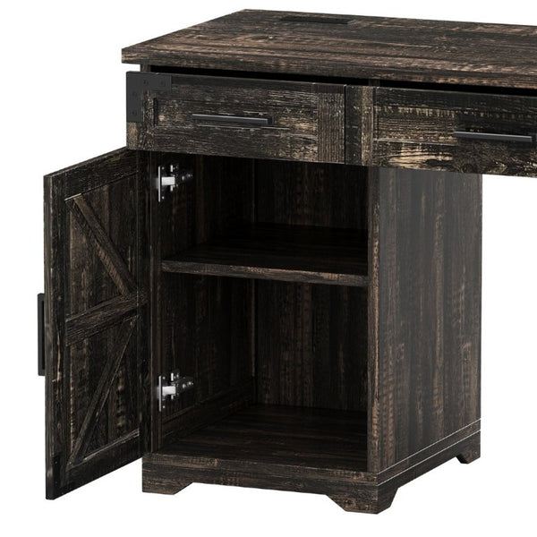English Elm 55 Inch Farmhouse Executive Desk with Built-In Charging Station Five Drawers and Barn Cabinet Gray N733P458434G