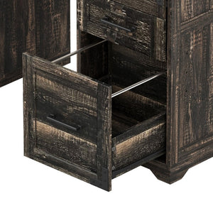 English Elm 55 Inch Farmhouse Executive Desk with Built-In Charging Station Five Drawers and Barn Cabinet Gray N733P458434G