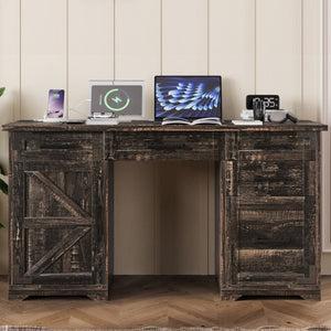 English Elm 55 Inch Farmhouse Executive Desk with Built-In Charging Station Five Drawers and Barn Cabinet Gray N733P458434G