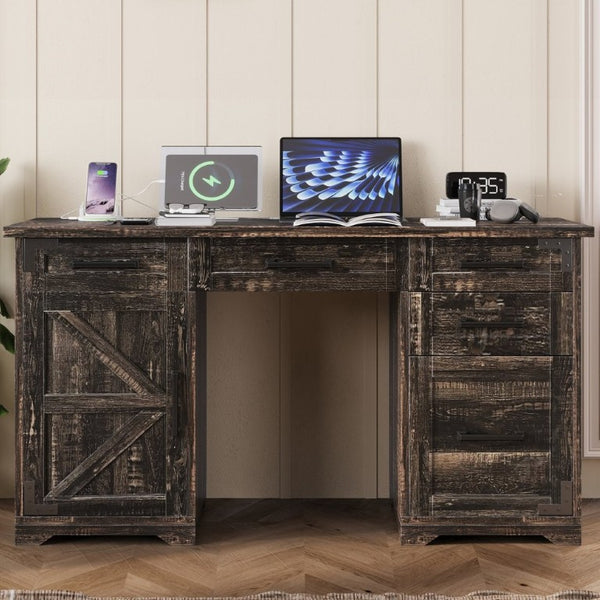 English Elm 55 Inch Farmhouse Executive Desk with Built-In Charging Station Five Drawers and Barn Cabinet Gray N733P458434G