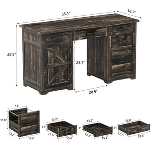 English Elm 55 Inch Farmhouse Executive Desk with Built-In Charging Station Five Drawers and Barn Cabinet Gray N733P458434G