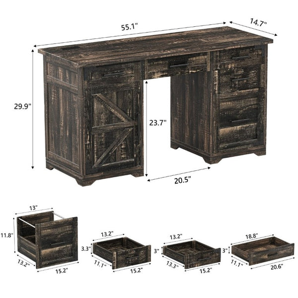 English Elm 55 Inch Farmhouse Executive Desk with Built-In Charging Station Five Drawers and Barn Cabinet Gray N733P458434G