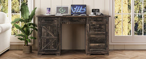 English Elm 55 Inch Farmhouse Executive Desk with Built-In Charging Station Five Drawers and Barn Cabinet Gray N733P458434G