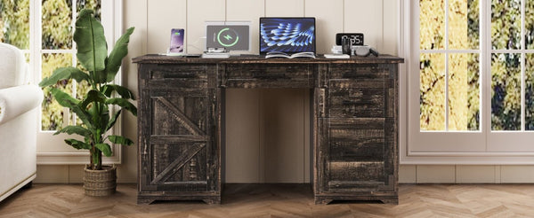 English Elm 55 Inch Farmhouse Executive Desk with Built-In Charging Station Five Drawers and Barn Cabinet Gray N733P458434G
