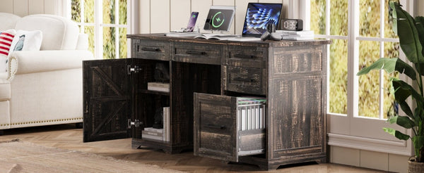 English Elm 55 Inch Farmhouse Executive Desk with Built-In Charging Station Five Drawers and Barn Cabinet Gray N733P458434G