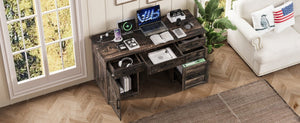 English Elm 55 Inch Farmhouse Executive Desk with Built-In Charging Station Five Drawers and Barn Cabinet Gray N733P458434G