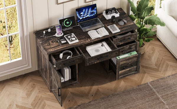 English Elm 55 Inch Farmhouse Executive Desk with Built-In Charging Station Five Drawers and Barn Cabinet Gray N733P458434G