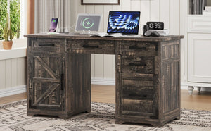 English Elm 55 Inch Farmhouse Executive Desk with Built-In Charging Station Five Drawers and Barn Cabinet Gray N733P458434G