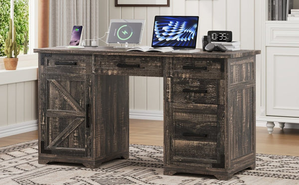 English Elm 55 Inch Farmhouse Executive Desk with Built-In Charging Station Five Drawers and Barn Cabinet Gray N733P458434G