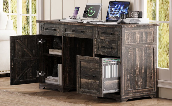 English Elm 55 Inch Farmhouse Executive Desk with Built-In Charging Station Five Drawers and Barn Cabinet Gray N733P458434G
