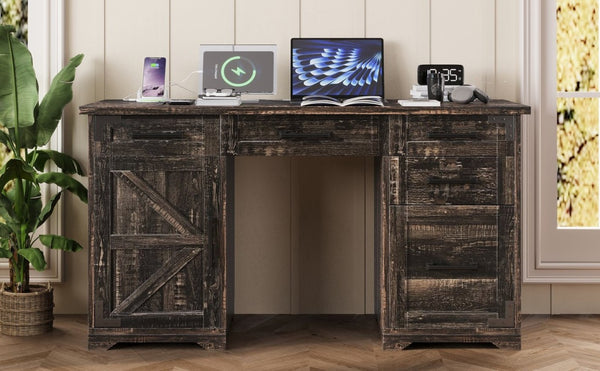 English Elm 55 Inch Farmhouse Executive Desk with Built-In Charging Station Five Drawers and Barn Cabinet Gray N733P458434G