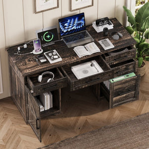 English Elm 55 Inch Farmhouse Executive Desk with Built-In Charging Station Five Drawers and Barn Cabinet Gray N733P458434G